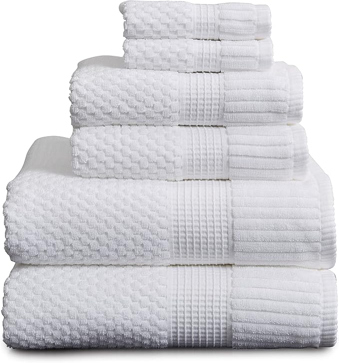 NY Loft 100% Cotton 6 Piece Bath Towel Set | White Towels | Oeko-TEX® Standard 100 | Soft & Absorbent, Quick-Dry | 2 Bath Towels 2 Hand Towels and 2 Washcloths | Trinity Collection - White