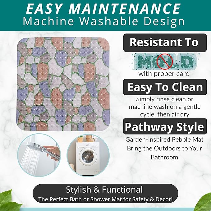 ENKOSI Extra Large Square Non Slip Shower Mat - 31 x 31-inch XL Bathroom Shower Mat - Square Shower Mats for Shower Stall Floors | Secure Suction Cups and Drain Holes (31x31 Stone Path)