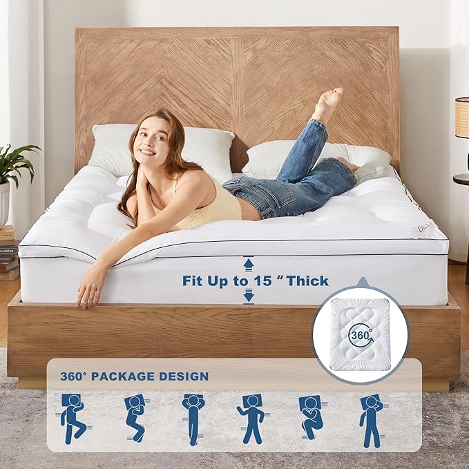 BEDLORE Full Mattress Topper, Thick Pillow Top Pad for Back Pain Relief, Cooling Soft Mattress Cover with Deep Pockets 6-15 inch