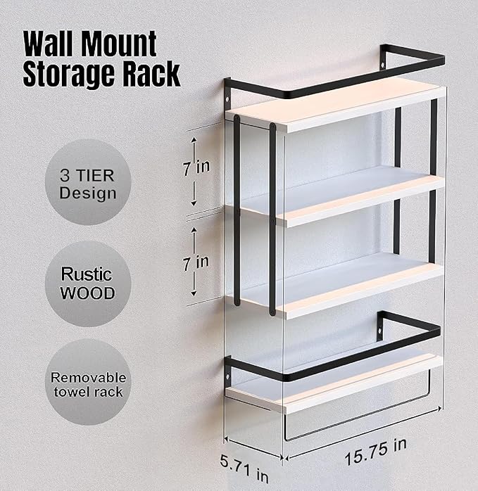 RICHER HOUSE 3+1 Tier Wall Mounted Floating Shelves Set of 2, Rustic Wood Wall Shelf with Metal Frame, Extra Storage Rack for Bathroom, Kitchen, Bedroom with Tissue Rack & Towel Bar - White