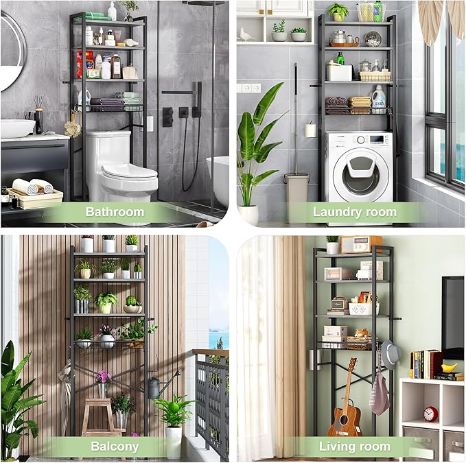 Over-The-Toilet Storage Rack, 4-Tier Bathroom Organizer Shelf Over Toilet with Adjustable Shelf and Basket, Freestanding Space Saver Bathroom Shelves Above Toilet for Room (Pure Gray)
