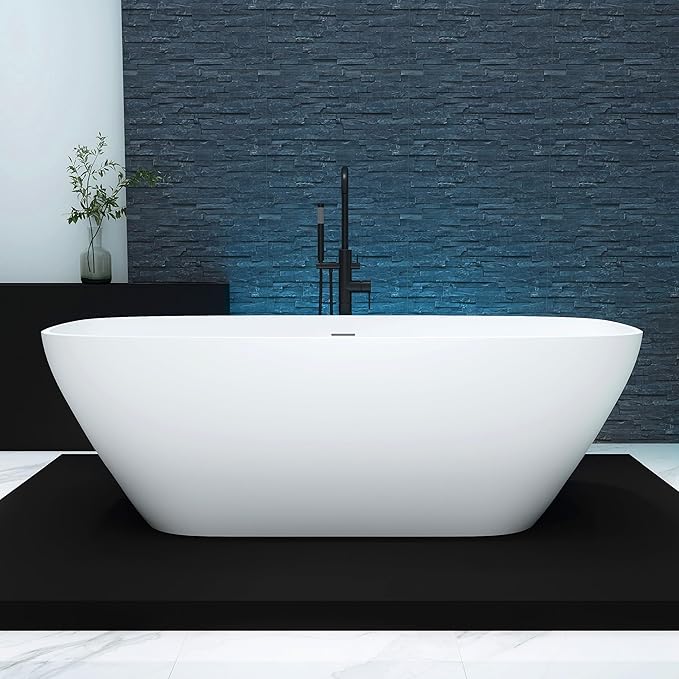67'' Freestanding Bathtub Resin Stone Deep Soaking Tubs Solid Surface Matte Tub with Overflow and Pop-up Drain