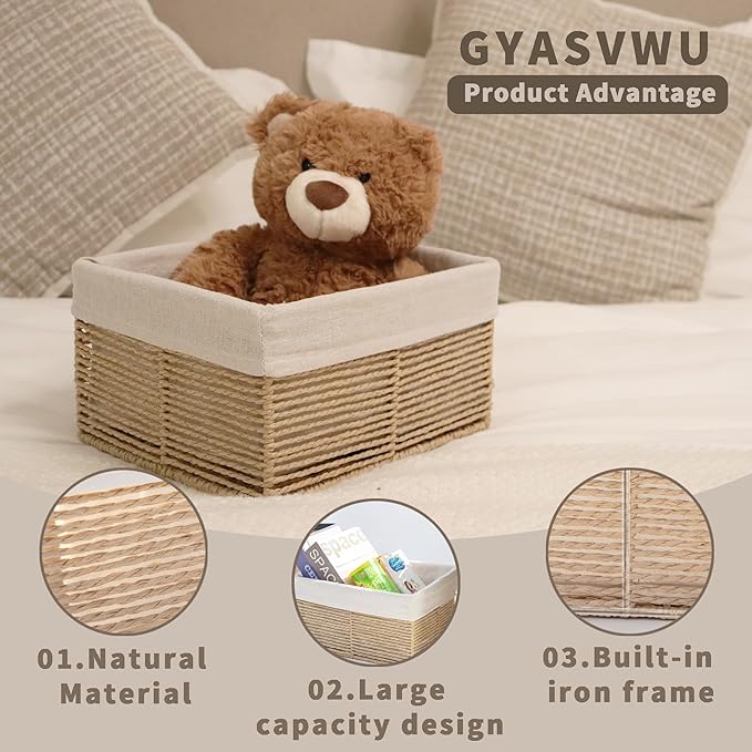 GYASVWU Hand-Woven Paper Rope Storage Baskets,Rectangular Wicker Baskets for Organizing,Decorative Woven Basket for Storage,Shelf Basket for Living Room,Storage Baskets for Pantry (Beige - Large)