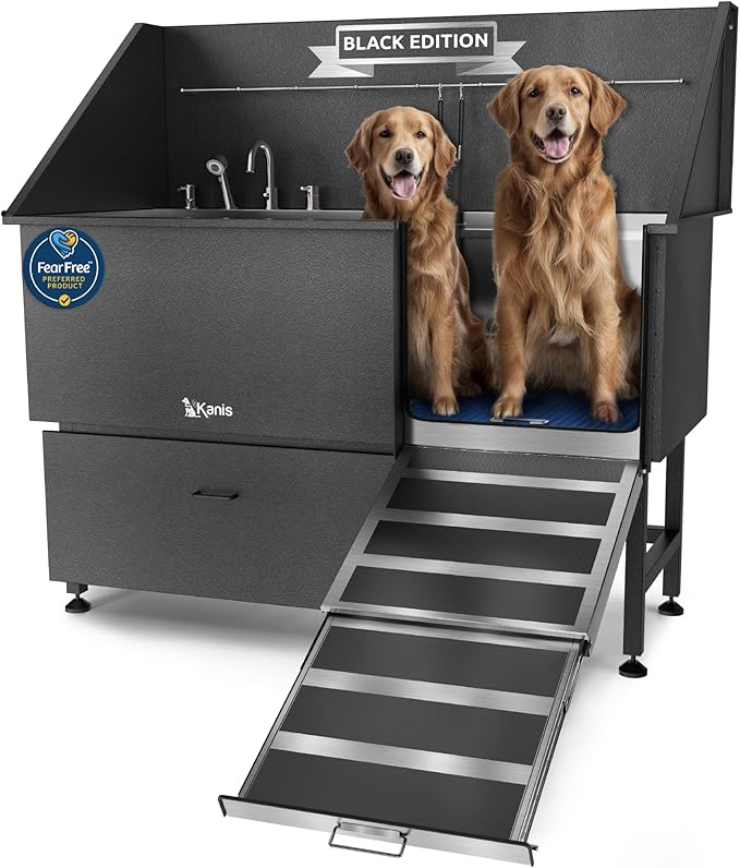 KANIS Black Line Professional Dog Washing Station - 304 Stainless Steel Pet Wash Sink & Grooming Bathtub w/Shower, Floor Grates and Storage for Large, Medium & Small Pets (61", 1 Drawers - Right Ramp)