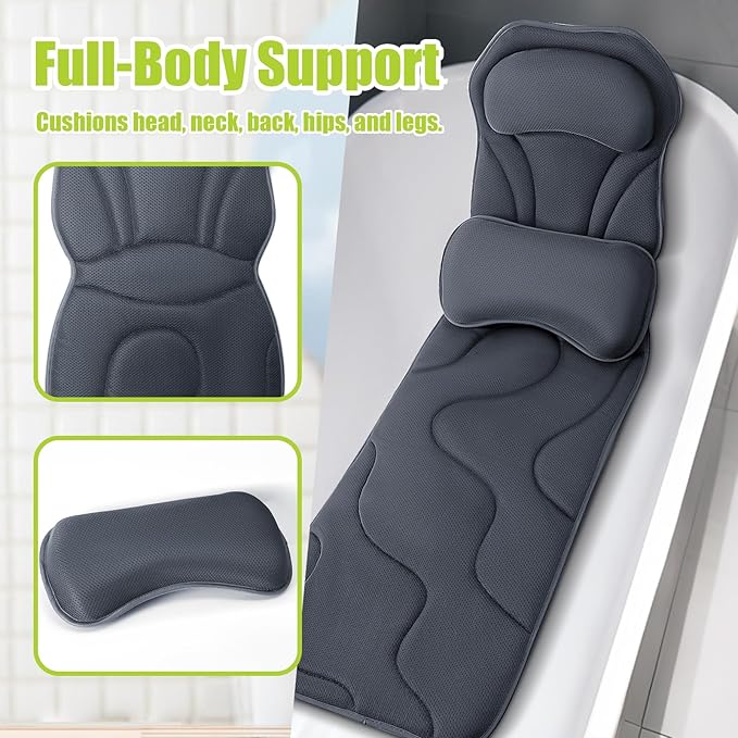 Full Body Bath Pillow for Tub - Extra Long & Thick Tub Pillow with Head, Back & Lumbar Support, 168 Non-Slip Suction Cups, Soft 5D Mesh Spa Cushion, Fits All Tubs-Gift for Soaking(Gray)