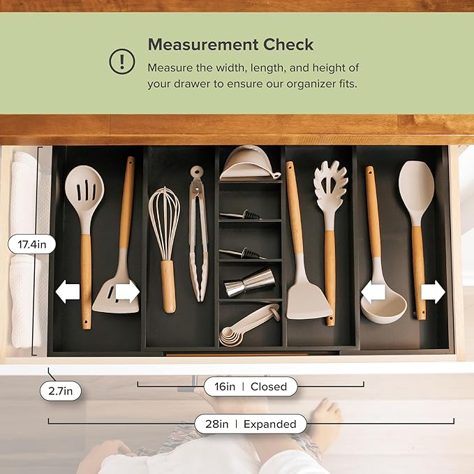 KitchenEdge Adjustable Kitchen Drawer Organizer for Utensils and Junk, Food-Safe Contract Grade with 100% Sustainable Wood, Expandable from 16 to 28 Inches Wide - Black Bamboo