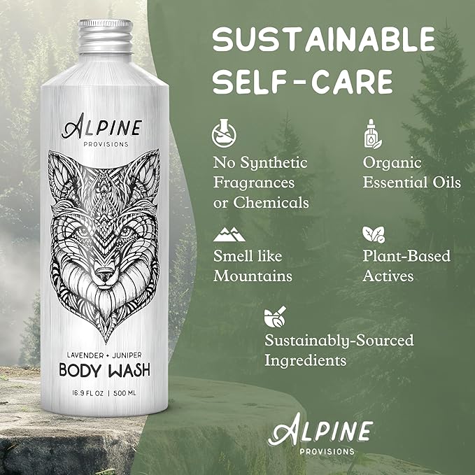 Alpine Provisions Natural Lavender + Juniper Moisturizing Body Wash – Hydrating Cleanser for Dry and Oily Skin with Jojoba & Coconut Oil Extracts – Vegan, Sulfate-Free, Plastic-Free - 16.9 fl oz