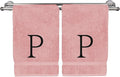 Monogrammed Hand Towel, Personalized Initial Gift, Extra Absorbent 100% Turkish Cotton - Soft Terry Finish - Set of 2 - Black Block Initial P - Embroidered on Pink Towels