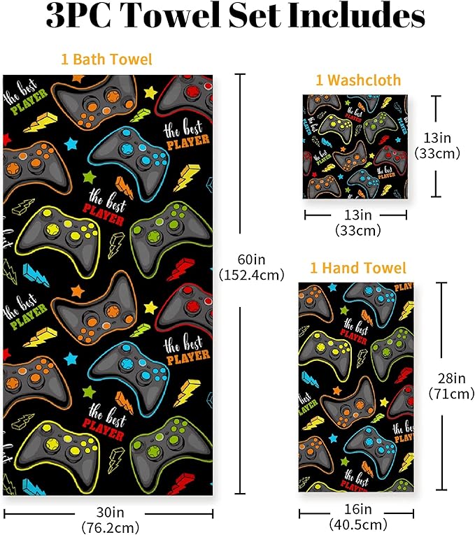 Gaming 3 Piece Towel Bathroom Sets, 1 Bath Towel, 1 Washcloth, 1 Hand Towel, Cotton Fast Dry Soft Absorbent Towel Set for Home Kitchen Family