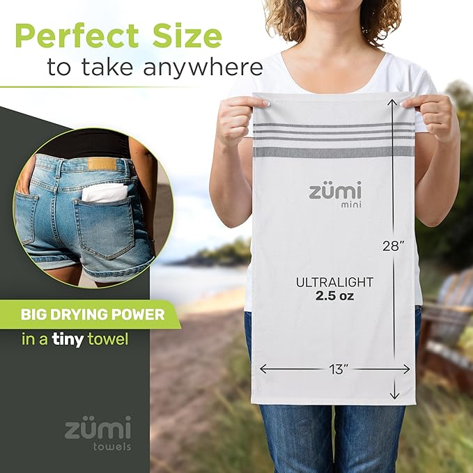 Zumi MINI 100% Cotton Camping Travel Towel - Small, Ultralight, Fast Drying, Highly Absorbent, Soft and Gentle on The Skin, Safe for The Planet (28" x 13" White)