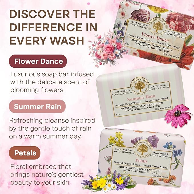 Wavertree & London Natural Soap Bars Gift Set (Set of 3), Assorted Floral Scented Bar Soap Gift Box for Women & Men, Moisturizing & Pure Triple Milled Luxury Bath Soap Bars enriched with Shea Butter