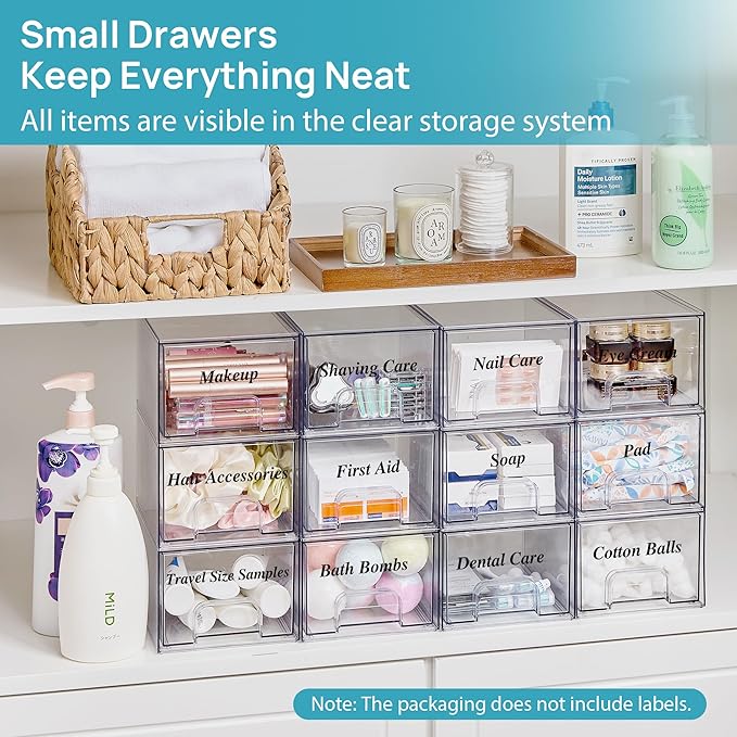 Vtopmart 10 Pack Clear Small Stackable Storage Drawers,Acrylic Bathroom Makeup Organizer,Plastic Storage Bins For Vanity, Undersink, Kitchen Cabinets, Pantry, Home Organization