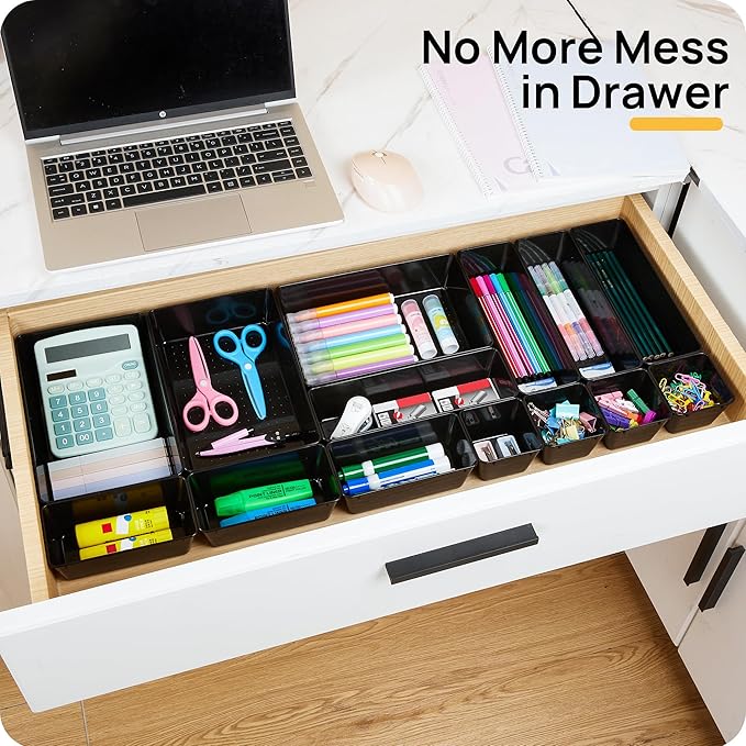 Vtopmart 25 PCS Office Desk Drawer Organizers Set, 4-Size Versatile Plastic Drawer Organizer Trays, Storage Bins for Desk Accessories Office Organizers and Storage, Bathroom, Makeup, Vanity, Black