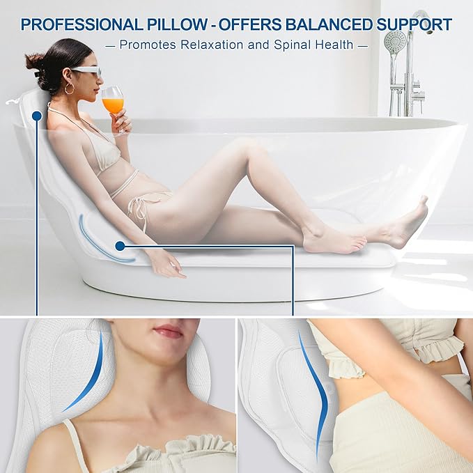 Full Body Bath Pillow for Tub - Extra Long & Thick Tub Pillow with Head, Back & Lumbar Support, 168 Non-Slip Suction Cups, Soft 5D Mesh Spa Cushion, Fits All Tubs-Gift for Soaking
