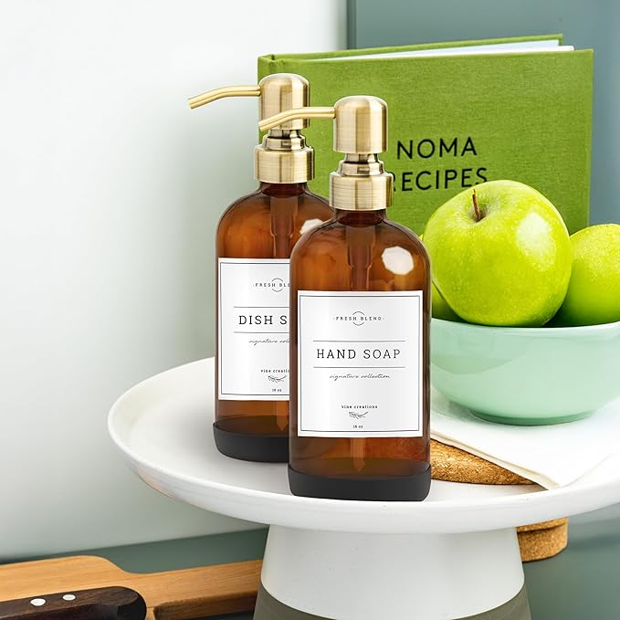Vine Creations Amber Glass Soap Dispenser, 2 Pack Kitchen Soap Dispenser Set with Stainless Steel Pump, 16 oz Dish Soap and Hand Soap Dispensers for Bathroom with Waterproof Labels and Protective Pads