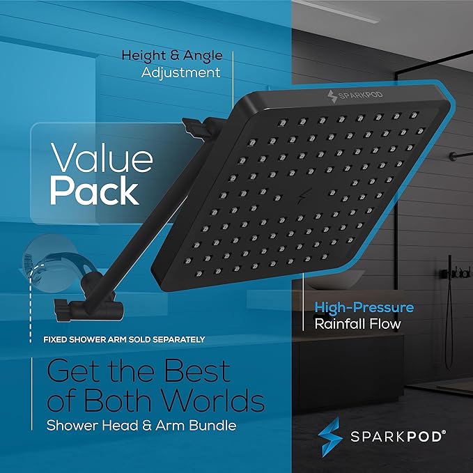 SparkPod Square Rain Shower Head with Shower Head Extension Arm - High Pressure Rain - Luxury Modern Look - No Hassle Tool-less 1-Min Installation (11" Shower Arm Extension, Midnight Black Matte)