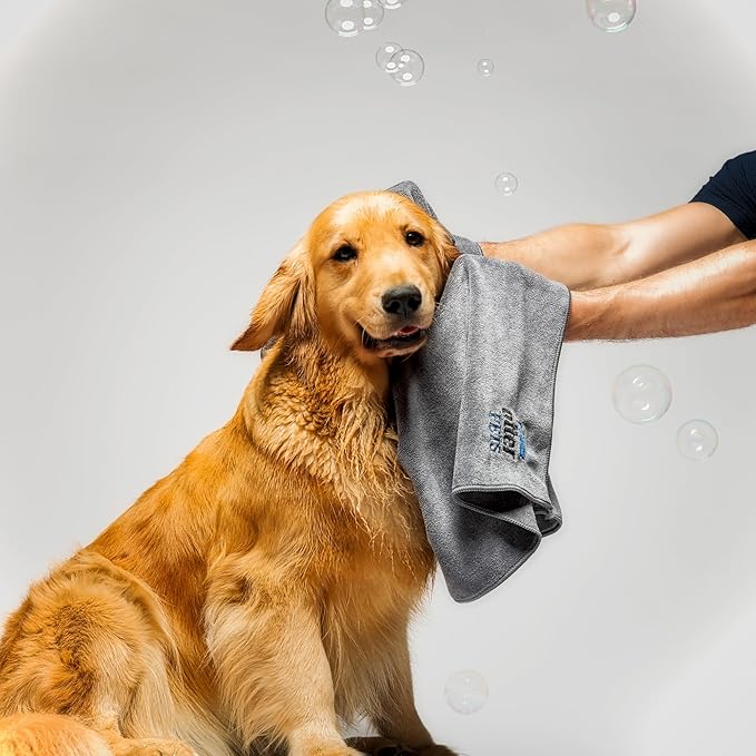 3 Piece Set: 2 Dog Towels and Dog Bath Brush. Dog Shammy and Microfiber Dog Towel. Super Absorbent Towels, Dog Bath Supplies, Dog Scrubber for Bath
