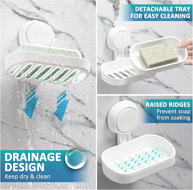 TAILI Suction Cup Soap Holder 2 Pack, Plastic Vacuum Suction Bar Soap Dish for Shower Wall Mounted Drill-Free, Bathroom,Tub,Kitchen Sink,Removable,Universal Kitchen & Bathroom Shower Accessories,White