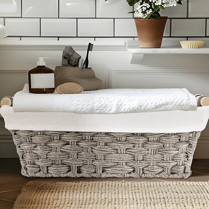 Baskets-Wicker Storage Baskets-Waterproof Wicker with Handles Hand-Woven Blue Handle Food Storage Pantry Woven Storage Boxes, 2 Pack, Home Storage Boxes