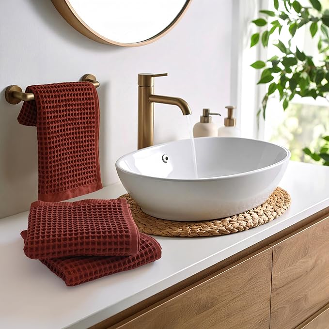 PÜSKÜL Organic Waffle Kitchen Towel 100% Turkish Cotton Set of 3 Red Brick - Premium Quality, Soft, Quick-Dry, Absorbent, Lint-Free Hand Towels 32X16 Inches (3, Brick)