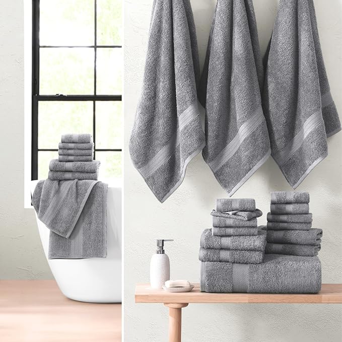 Lane Linen Complete 24 PCs Bath Towel Set For Family - 100% Ring Spun Cotton - Quick Dry, Soft & Absorbent Towels For Bathroom - Perfect for Kids, Guest & Everyday Use - Oeko Tex Certified -Space Grey