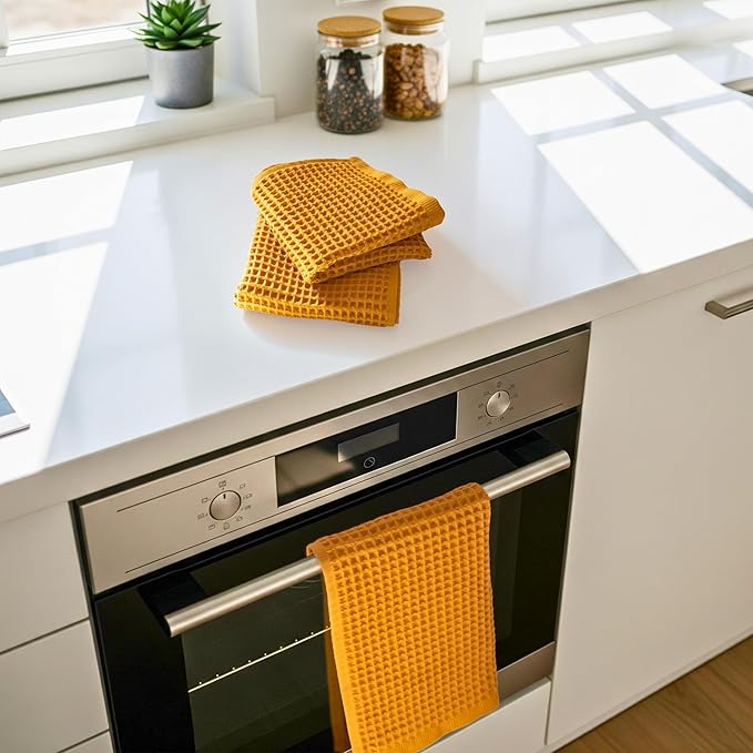 PÜSKÜL Organic Waffle Kitchen Towel 100% Turkish Cotton Set of 3 Mustard Yellow - Premium Quality, Soft, Quick-Dry, Absorbent, Lint-Free Hand Towels 32X16 Inches (3, Mustrad Yellow)