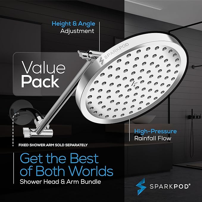 SparkPod Round Rain Shower Head with Shower Head Extension Arm - High Pressure Rain - Luxury Modern Look - No Hassle Tool-less 1-Min Installation (11" Shower Arm Extension, Luxury Polished Chrome)
