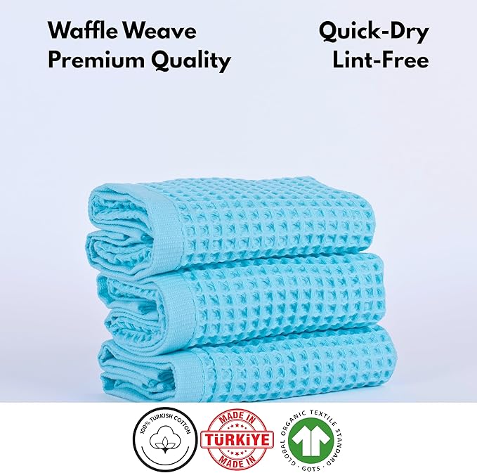 PÜSKÜL Organic Waffle Kitchen Towel 100% Turkish Cotton Set of 3 Turquoise - Premium Quality, Soft, Quick-Dry, Absorbent, Lint-Free Hand Towels 32X16 Inches (3, Turquoise)