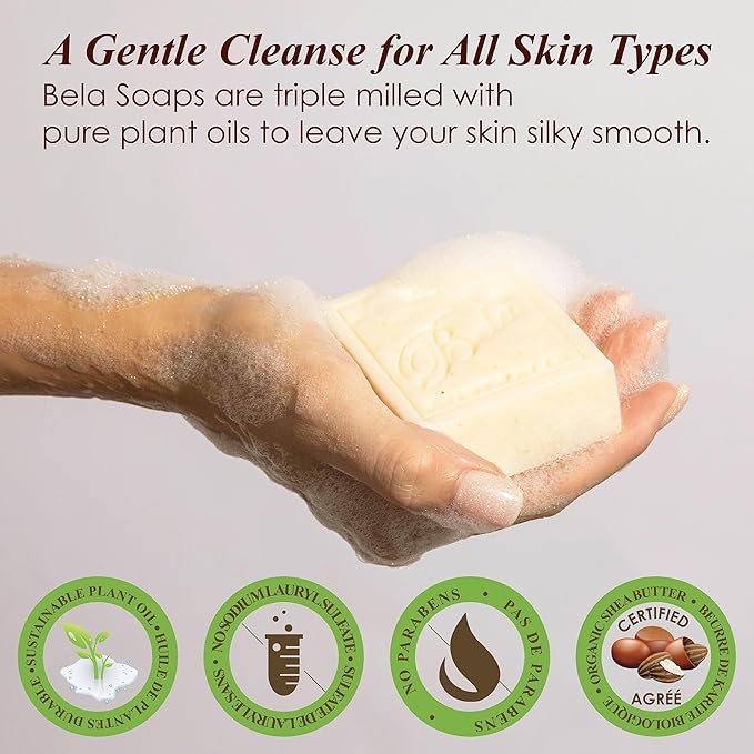 BELA Spearmint and Bran Soap 3.3 OZ (Pack of 6)- French Triple Milled Bar Soap with Organic Shea Butter, Hand, Face and Body Wash Bar, Made in Australia