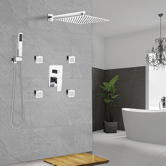 Shower Faucet Set with Body Jets 10 Inch Polished Chrome Shower Head Handheld Shower Combo Set High Pressure Wall Mount with Rough-in Valve, Polished Chrome