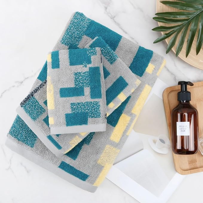 SEMAXE Bath Towel Set of 8 Include 2 Bath Towels 2 Hand Towels 4 Washcloths, 100% Cotton Bathroom Towels with Hanging Loops and Nano-Bio Lifecycle Labels, Colorful Towel - Checkered Collection