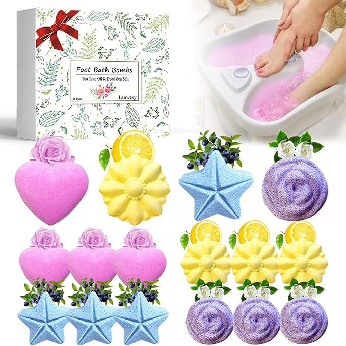 Bath Foot Bombs, 16 Pack Foot Soak with Bath Salt and Tea Tree Oil for Christmas. Organic Natural Handmade Aroma Pure Essential Oil Bubble Feet Balls for Foot Callus, Stubborn Feet Odor Scent.