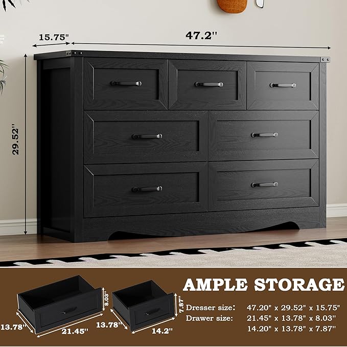 7-Drawer Dresser for Bedroom, Modern Wooden Chest of Drawers with Metal Handles, Anti-Tipping Design, Sturdy and Stable Storage Organizer for Living Room, Entryway, Home Office