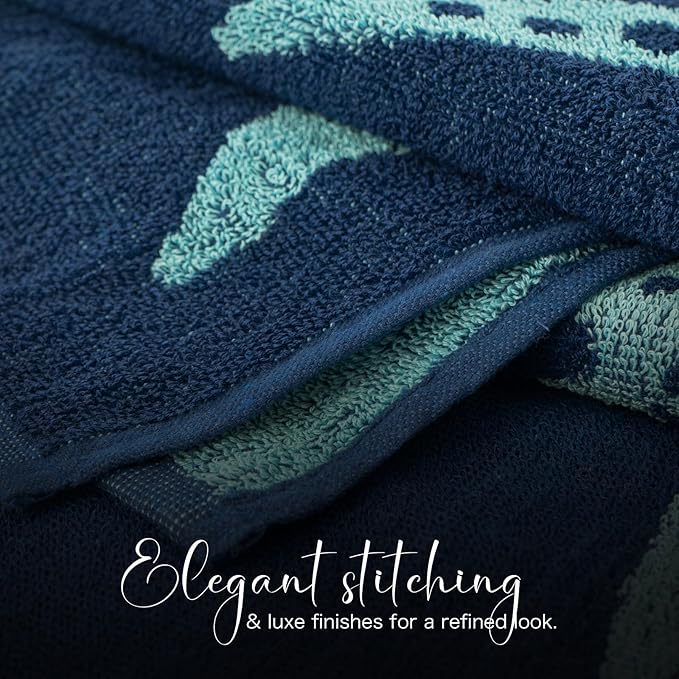 CASA COPENHAGEN Miami Bath Towels Designed in Denmark Rough and Tough, Quick Dry, for Pool, Bath & Shower 30"x60", 2 Pieces Cotton Beach Towels Set - Star Fish Navy + Turquoise Stripe