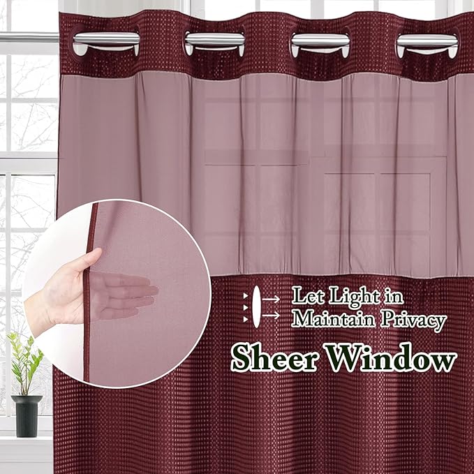 Gibelle Stall Small Shower Curtain 36x74, Waffle Weave Shower Curtain with Snap-in Fabric Liner Set, No Hooks Needed, Hotel Style with Mesh Top Window, Burgundy