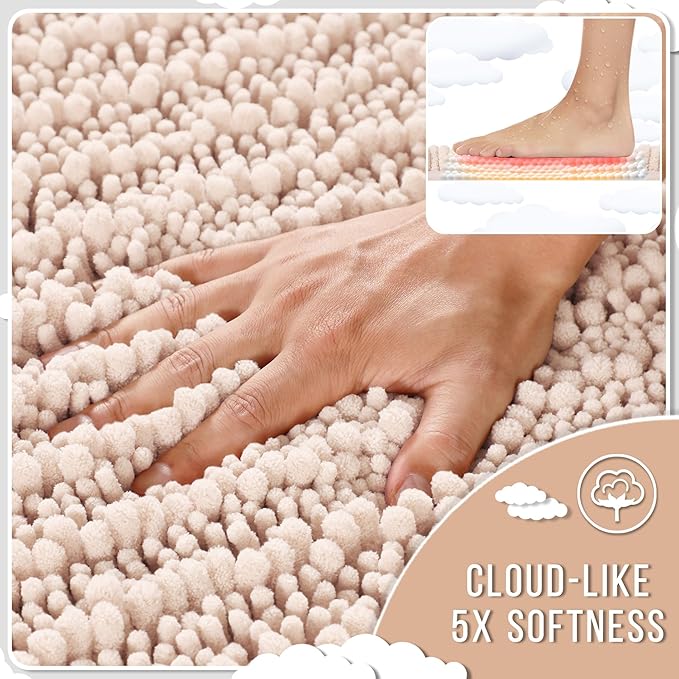 Yimobra Bathroom Rugs Non Slip Washable - Ultra Soft Absorbent Chenille Bath Mat, Quick Dry Shaggy Floor Carpet for Tub Shower, Pinkish Beige Home Decor Accessories, 24x17 Inch