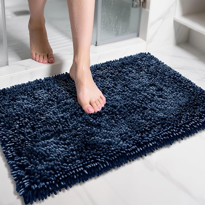 Yimobra Chenille Bathroom Rugs Non Slip, Extra Thick Soft Absorbent Bath Rug 31.5x20 Inch, Machine Washable Quick Dry Bath Mat for Bathroom Floor, Tub and Shower, Home Decor Accessories, Navy Blue