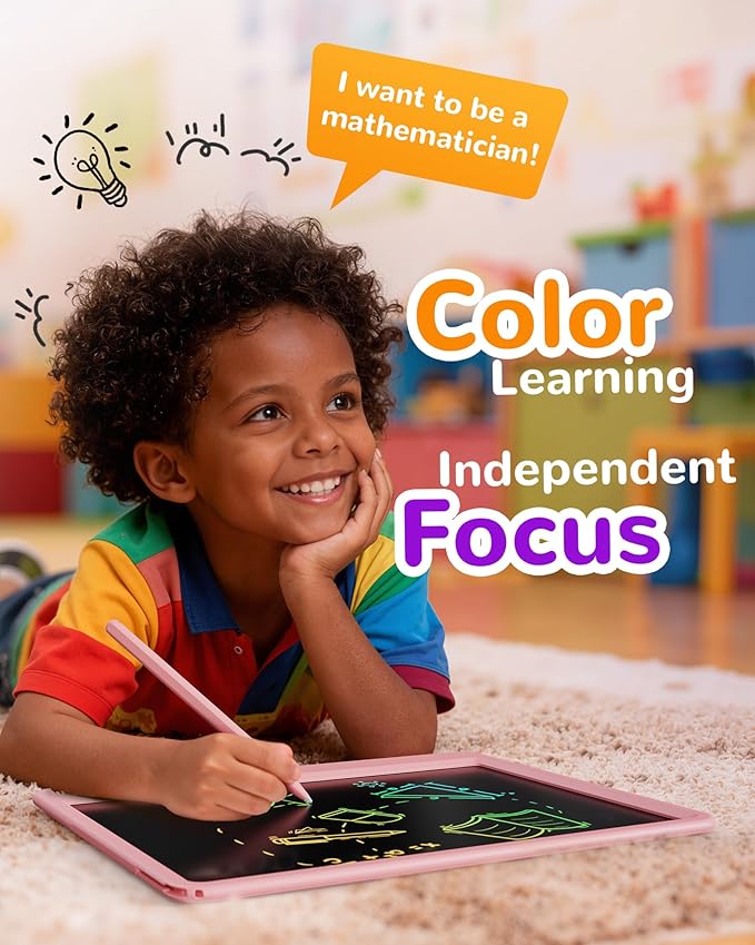 KOKODI LCD Writing Tablet, 12 Inch Colorful Toddler Doodle Board Drawing Tablet, Erasable Reusable Electronic Drawing Pads, Educational and Learning Toy for 3-6 Years Old Boy and Girls(Pink)