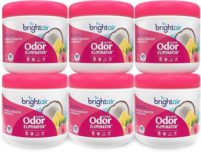 Bright Air 14 oz. Super Odor Eliminator, For Medium-Size Spaces, Tropical Paradise & Pineapple Scent, Case of 6, Air Freshener, Natural Essential Oils, Lasts Up to 90 Days Each
