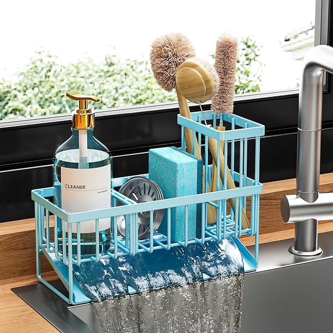 Cisily Blue Kitchen Sink Caddy Organzier with High Brush Holder, Sponge Holder for Sink, 304 Rustproof Stainless, Kitchen Countertop Soap Dispenser Organizer, Blue Home Decor and Accessories