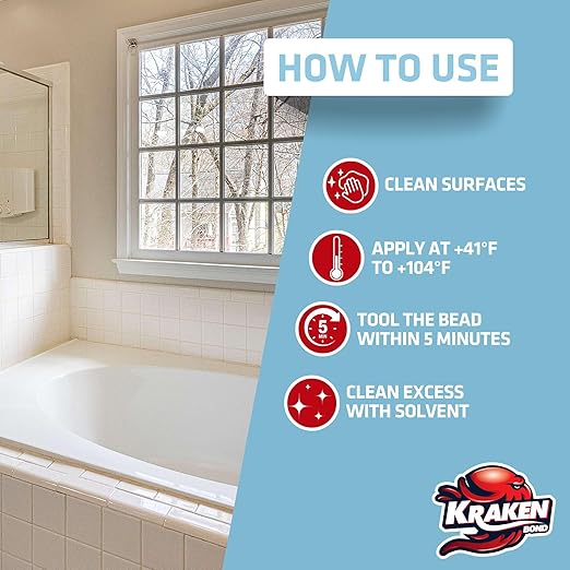Kraken Bond Premium Kitchen and Bathroom Silicone Caulk White - (24x10.1 fl.oz) RTV White Caulking Silicone Waterproof for Kitchen, Bathroom, Shower, Sink, Anti Shrink 100% Silicone Caulking | 24 Pack