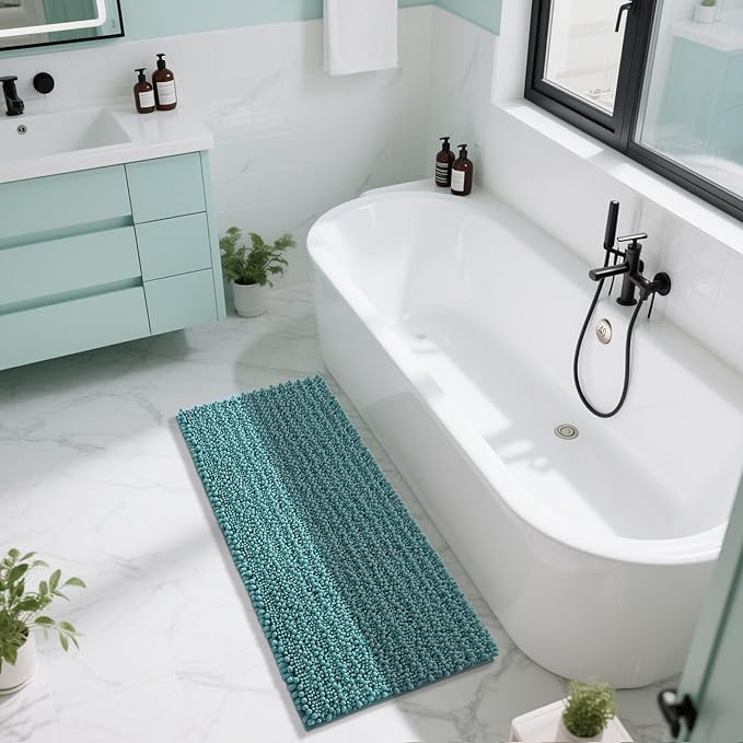 Yimobra Bathroom Runner Rug 55x24 Inch - Extra Long Non Slip Chenille Bath Mat, Soft & Absorbent, Machine Washable Shaggy Hallway Carpet for Vanity Tub Shower, Teal Blue Home Decor Accessories