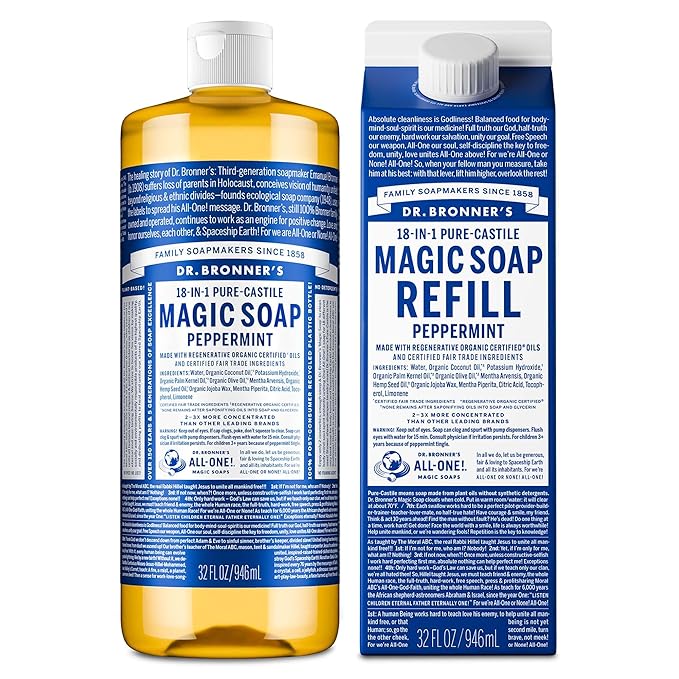 Dr. Bronner's Pure-Castile Liquid Magic Soap Bottle & Refill Carton - Made with Regenerative Organic Certified Oils- 18-in-1 Uses for Face, Body Wash, Hand Soap Refill- Peppermint, 32oz