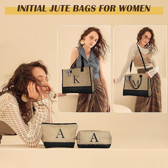 YOOLIFE Christmas Gifts for Women - Initial Jute Tote Bag & 2 Makeup Bags Personalized Gifts for Women Teacher Mom Friend