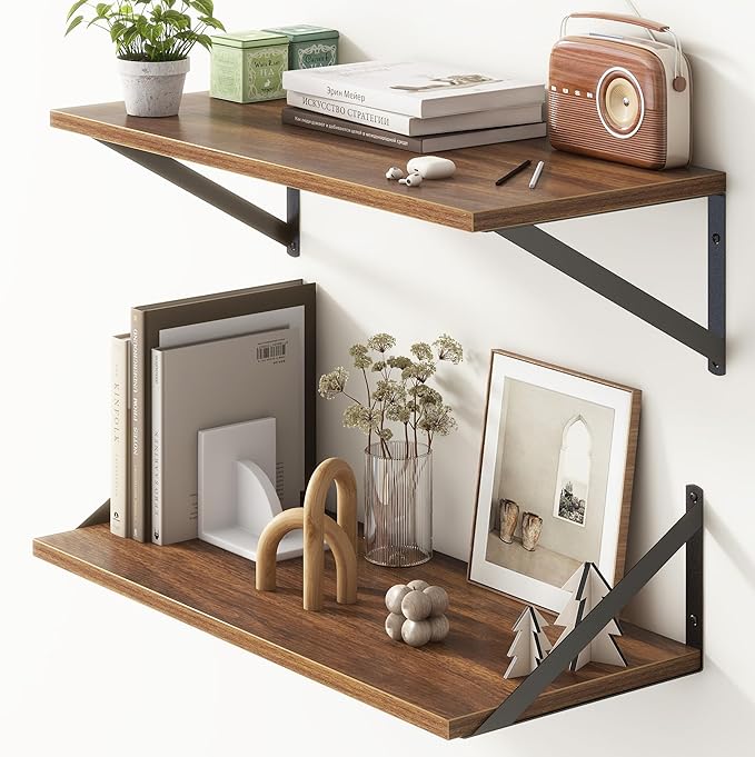 Deep Walnut Floating Shelves for Wall, 24"W x 10"D Wall Shelves Set of 2, 10 Inch Deep Floating Shelf with Brackets, Wide Display & Storage Shelves for Books, Living Room, Kitchen, Bathroom