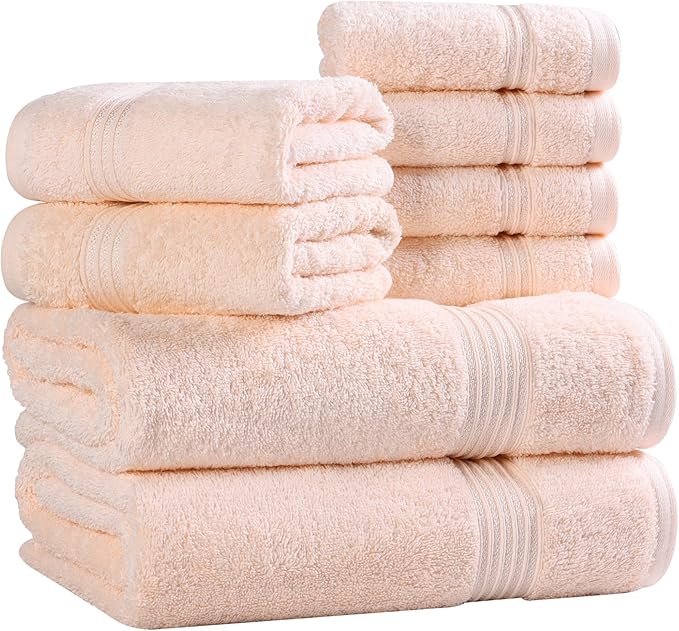 Superior Egyptian Cotton 8-Piece Towel Set, Assorted Towels for Home Bathroom, Guest Bath Decor Essentials, Includes 2 Bath, 4 Hand, 2 Face Towels/Washcloths, Quick Dry, Absorbent, Peach