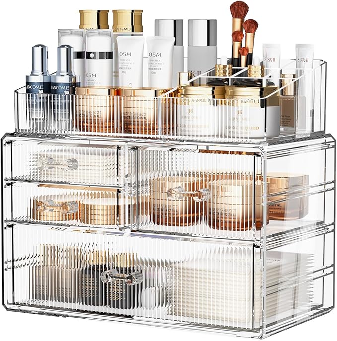 ZHIAI Stackable Storage Drawer, Acrylic Organizer, Cosmetic Organizer for Dresser, Vanity, Kitchen Cabinet, Bathroom, Under Sink, Home Organization and Storage (1 Top 3 Drawers)
