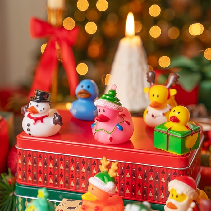 JOYIN 24 Pcs Christmas Ducks Bath Toys, Assorted Cute Rubber Duckies Bulk for Christmas Party Favors, Mini Ducky Baby Bathtub Shower Pool Toys for Kids, Xmas Table Dcorations Stocking Stuffers Gifts