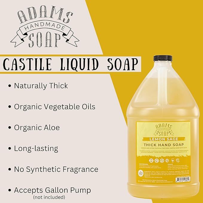 Adams Handmade Soap Thick Organic Castile Liquid Hand Soap 1 Gallon Refill - Lemon Sage