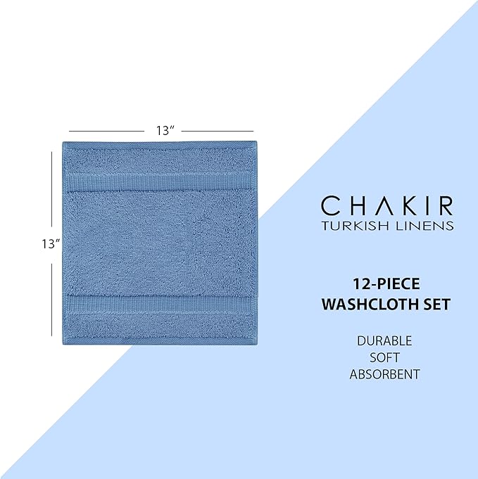 Chakir Turkish Linens | Hotel & Spa Quality 100% Cotton Premium Turkish Towels | Soft & Absorbent (12-Piece Washcloths, Wedgewood)